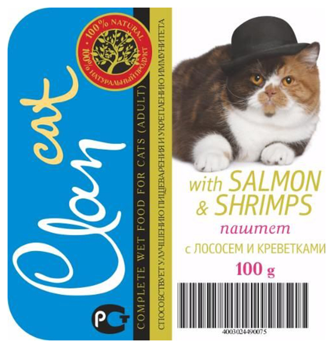 

Консервы для кошек Clan Cat, лосось и креветки, 100г, Cat