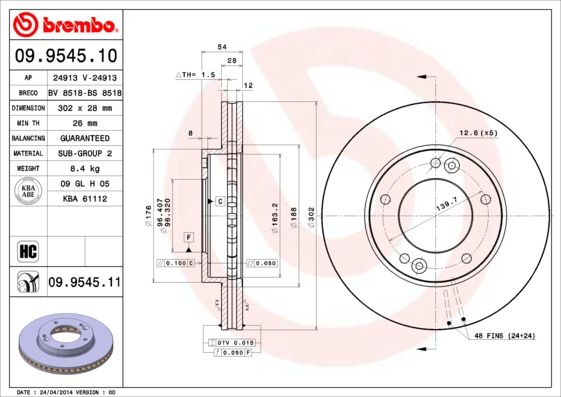 

Тормозной диск brembo 09.9545.11