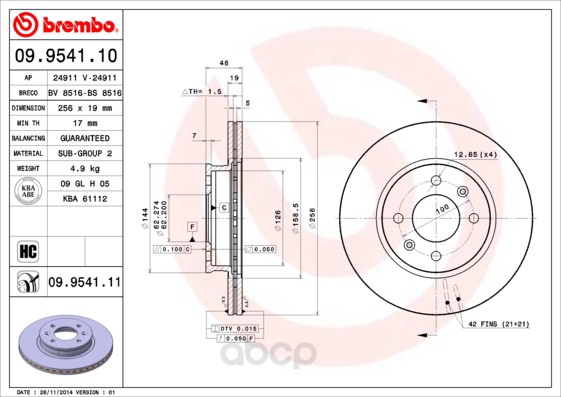 фото Тормозной диск brembo задний для 09954111