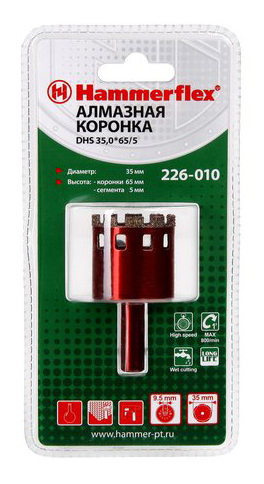 

Алмазная коронка по керамограниту/стеклу Hammer Flex 226-010 (58973), DHS 35,0*65/5