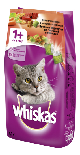 Сухой корм для кошек Whiskas подушечки со сметаной и овощами 19кг 599₽