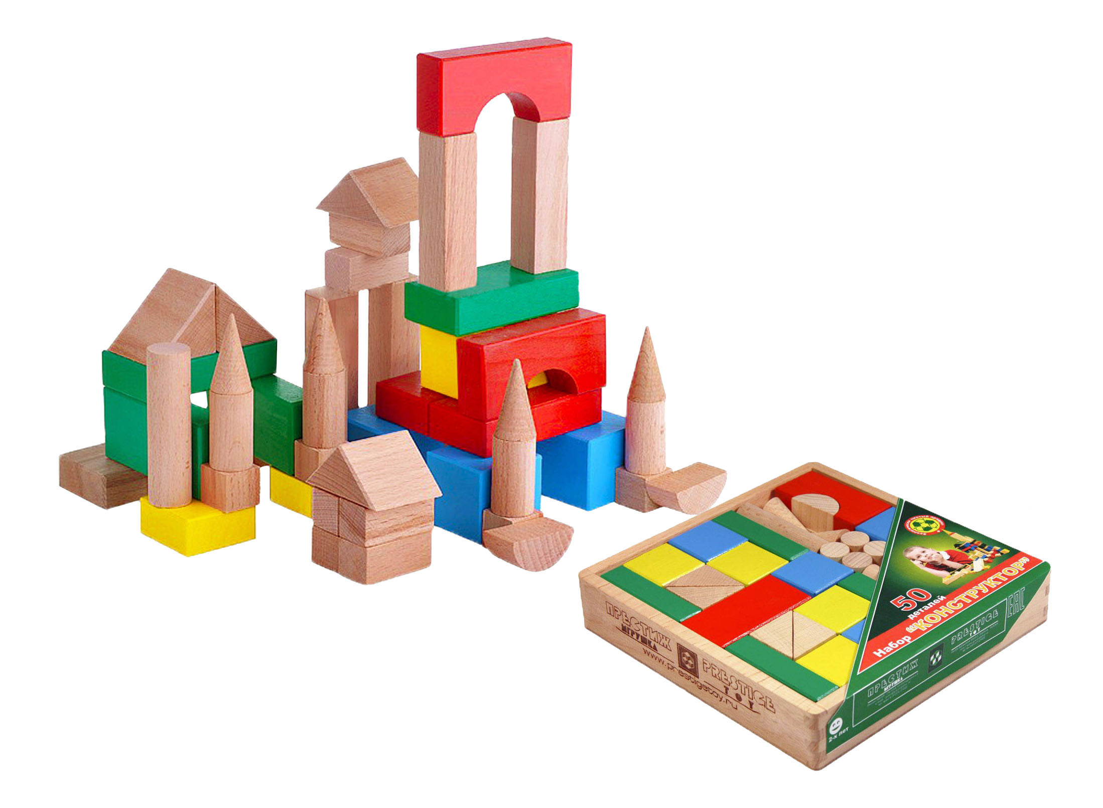 Конструктор деревянный Престиж-игрушка Конструктор деревянный цветной 50 деталей