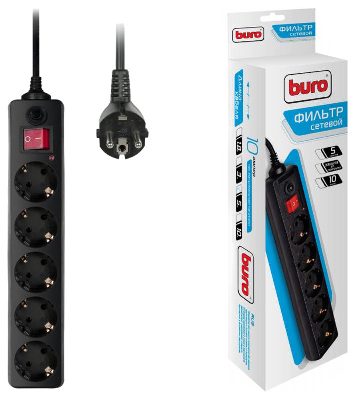 сетевой фильтр buro bu sp1 8 usb 2a b 6 розеток 1 8 м Сетевой фильтр BURO 500SH-5-B, 5 розеток, 5 м, Black