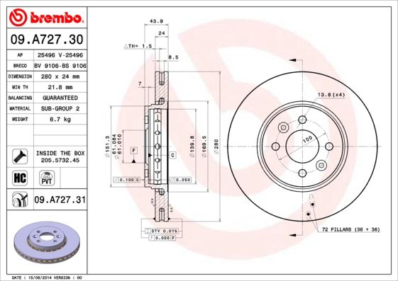 фото Тормозной диск brembo 09.a727.31