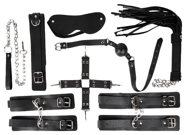 Набор БДСМ Bior toys черный: наручники, оковы, ошейник, кляп, маска, плеть, фиксатор