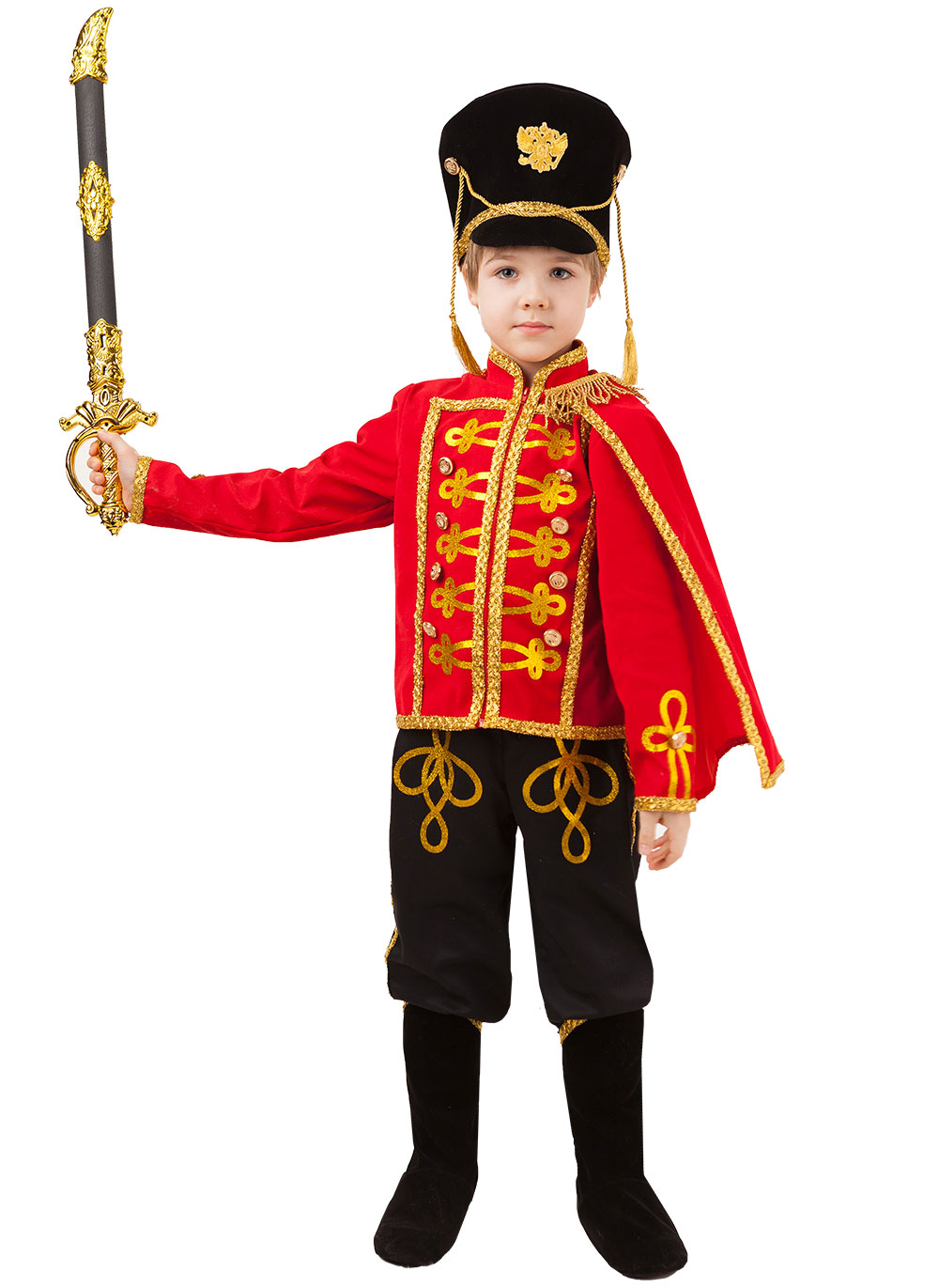 фото Карнавальный костюм батик гусар, цв. красный; черный р.128