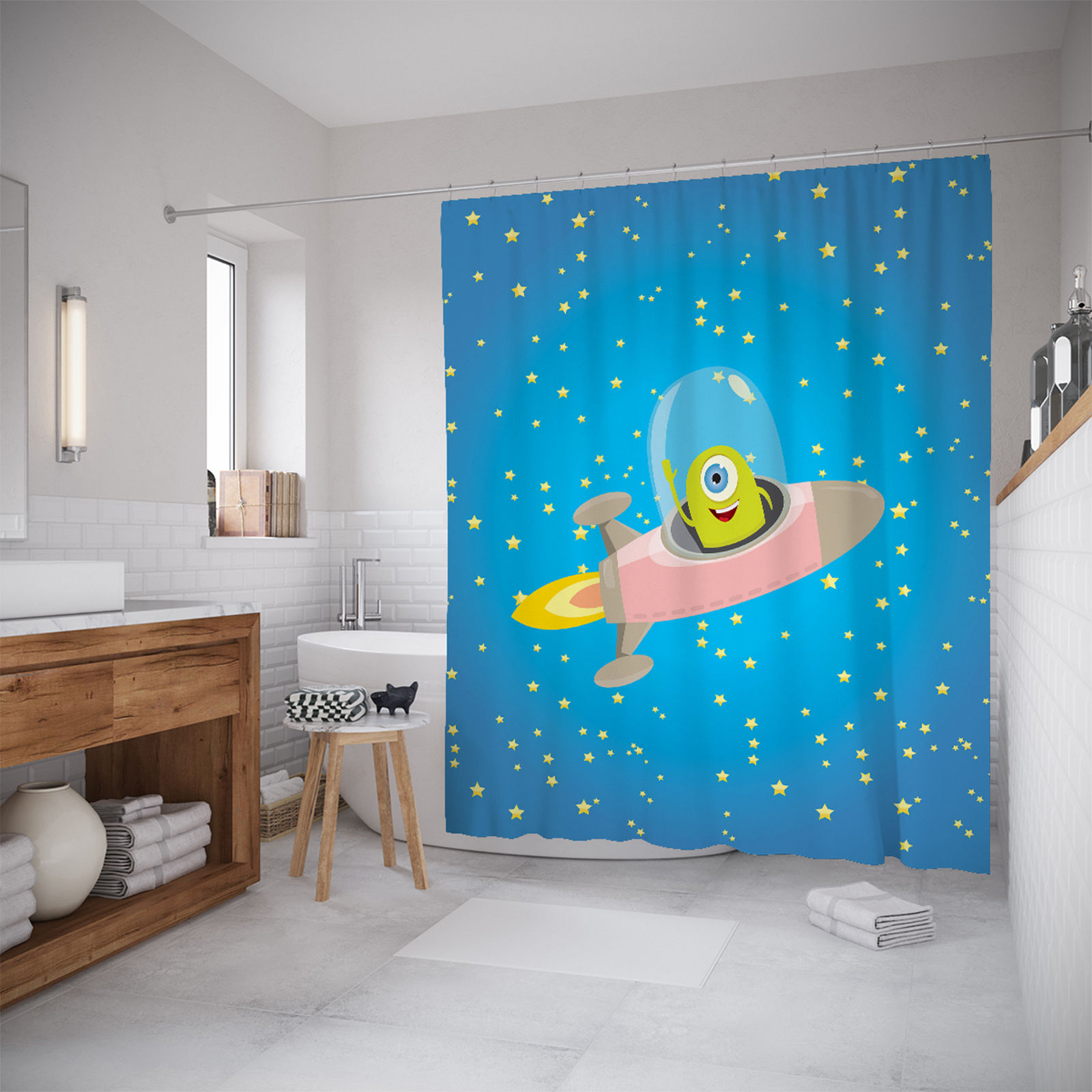 

Шторы для ванной JoyArty «Пришелец на ракете» 180x200, Синий
