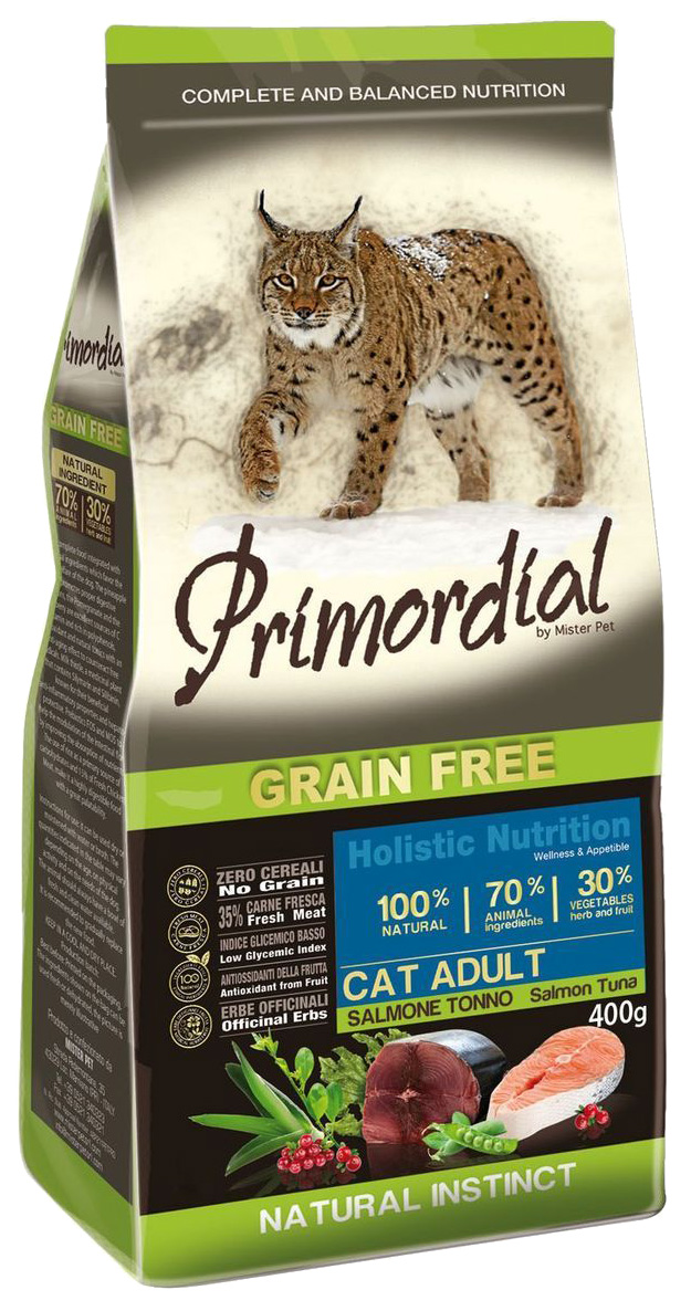 Сухой корм для кошек Primordial Natural instinct, беззерновой, лосось, тунец, 0,4кг