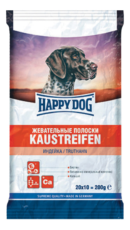 фото Лакомство для собак happy dog, жевательные полоски с индейкой, 200г