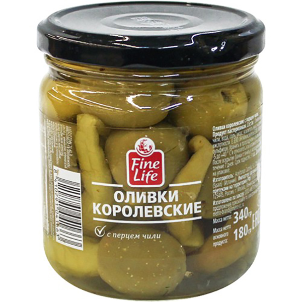 

Оливки Fine Life Королевские с перцем чили 340 г