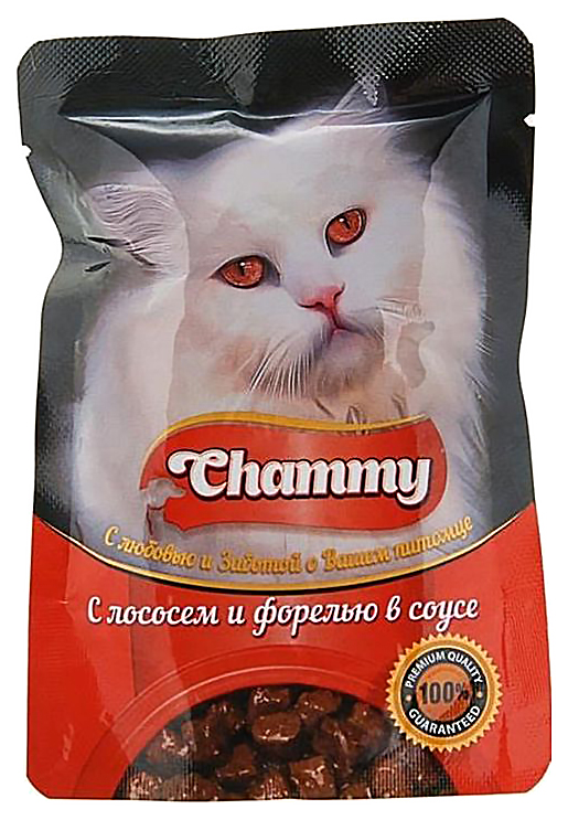 фото Влажный корм для кошек chammy, с лососем и форелью в соусе, 85г