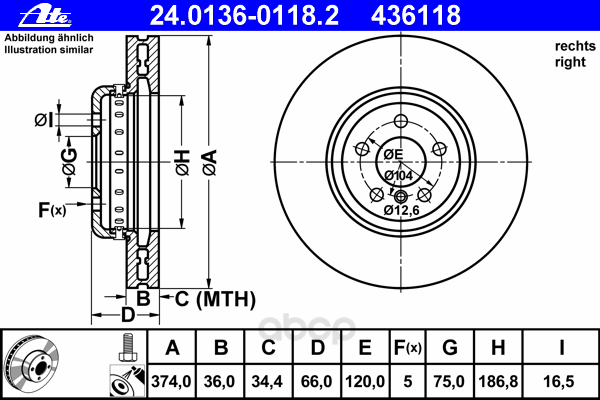 фото Тормозной диск ate передний вентилируемый 374x36 5 отверстий 24013601182