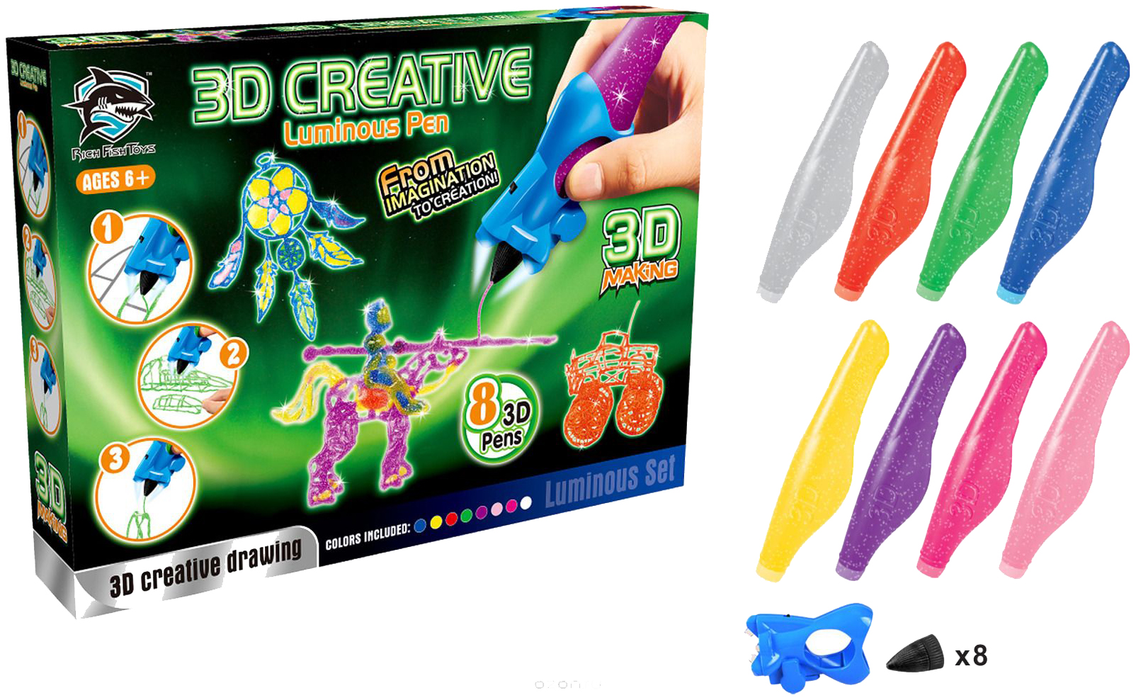 Набор детских 3D-ручек Fitfun Toys Y8808-2 8 шт. светящиеся чернила