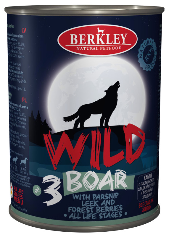 фото Консервы для собак berkley wild boar №3 кабан с пастернаком и лесными ягодами, 400 г