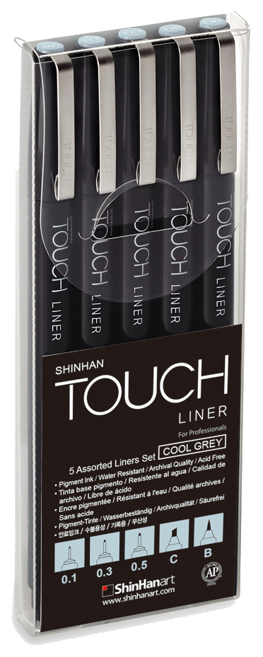 фото Набор линеров touch liner brush, золодный серый, 0,1, 0,3, 0,5 мм, сhisel, вrush, 5 шт