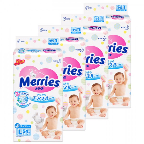 Подгузники Merries размер L (9-14 кг) 54 шт 4 уп. 2152400854 подгузники merries для новорожденных nb 0 5 кг 360 шт
