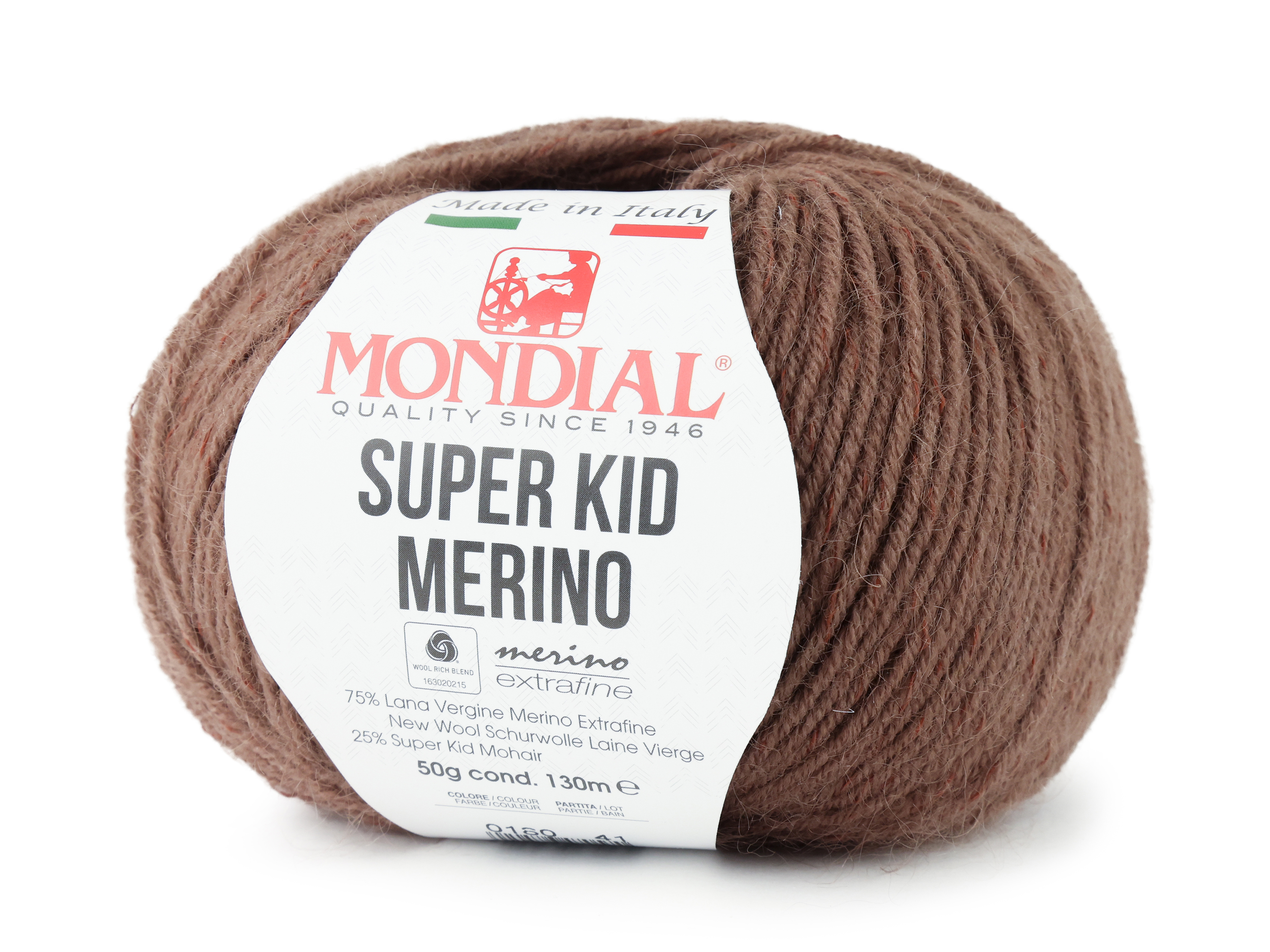 Пряжа для вязания Mondial Super kid merino цвет 180 коричневый 50 гр, 130 м