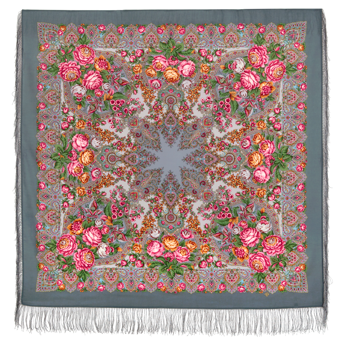 Платок женский Павловопосадская платочная мануфактура 1724 серый/розовый, 146х146 см