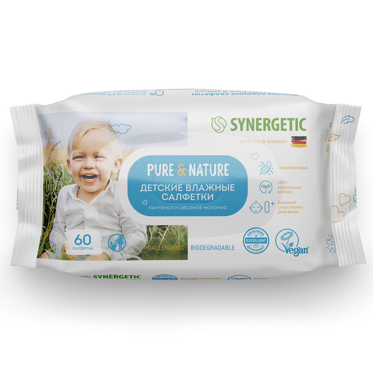 Салфетки влажные для детей Synergetic Pure&Nature пантенол и овсяное молочко 60 шт. synergetic молочко для лица очищающее 200 мл