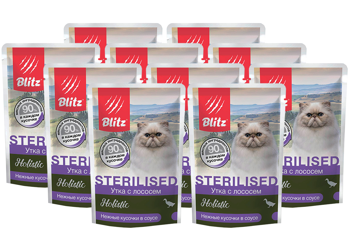 

Влажный корм для кошек BLITZ HOLISTIC STERILIZED, утка, лосось, 10 шт по 85 г