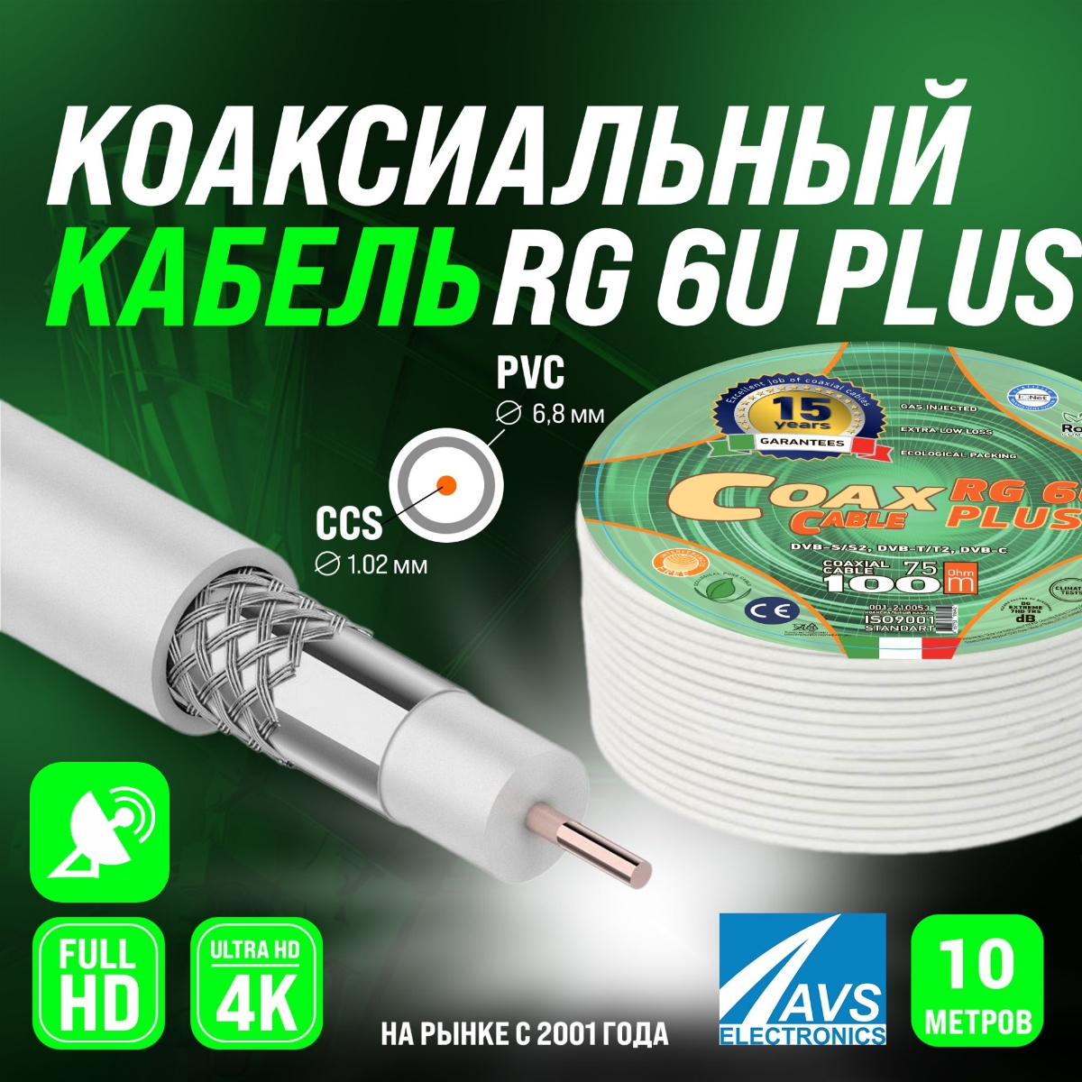 Кабель коаксиальный Ripo RG 6U coax plus (10м) 001-210053-10