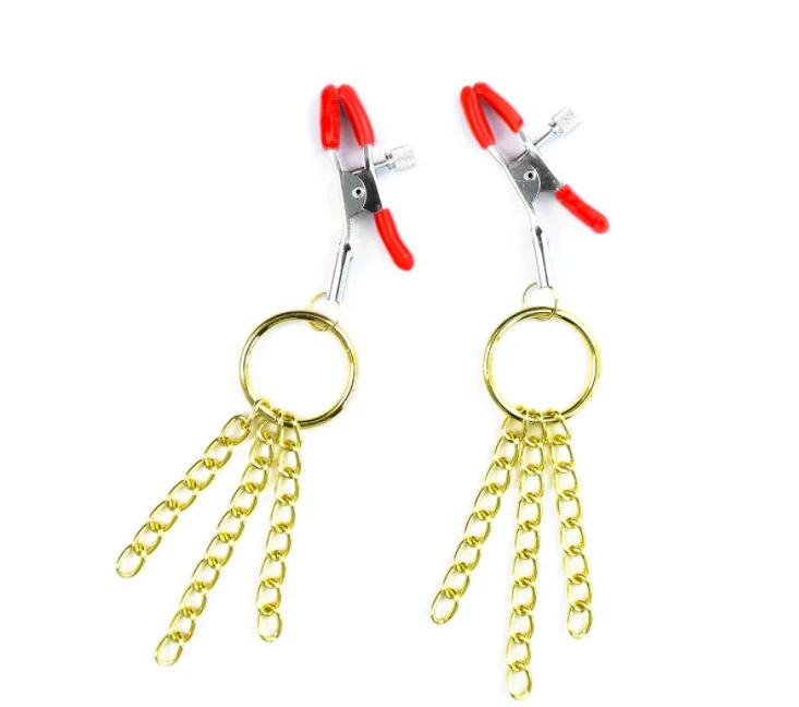 Зажимы на соски красные KISSEXPO с золотыми кольцами и цепочками