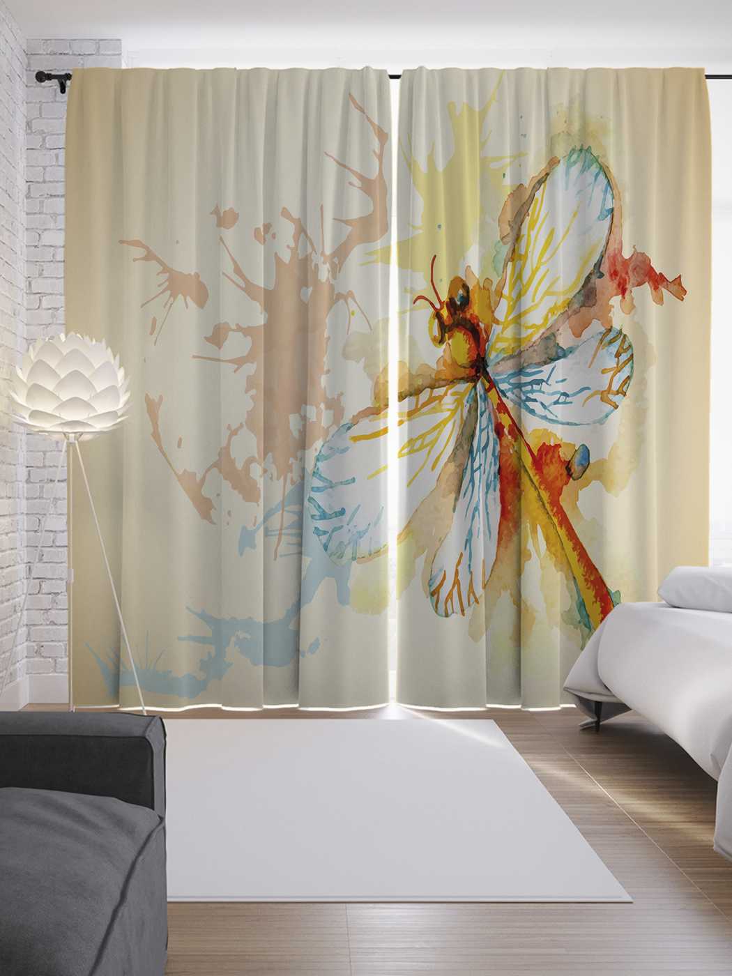 фото Шторы joyarty с фотопечатью "акварельная стрекоза" из сатена, 290х265 см