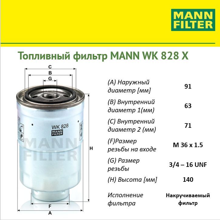 

Фильтр топливный MANN FILTER MANN-FILTER_WK828X, WK828X