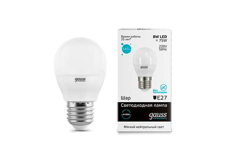 Лампа Gauss LED Elementary Шар 8W E27 540lm 4100K 279₽