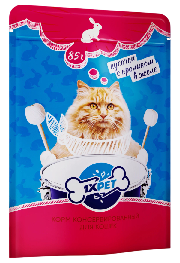 

Влажный корм для кошек 1xPet кролик в желе, повседневный, 85 г