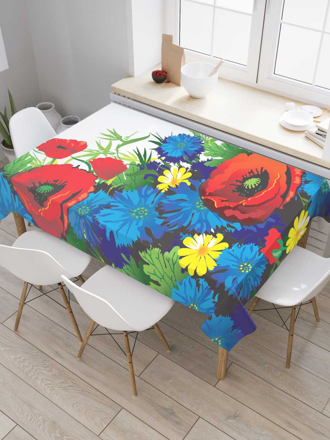 

Скатерть прямоугольная JoyArty "Васильки и маки" из сатена, 180x145 см, Красный, Васильки и маки