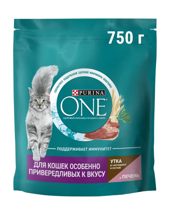 Сухой корм для кошек Purina One, для привередливых, с уткой и печенью, 750 г