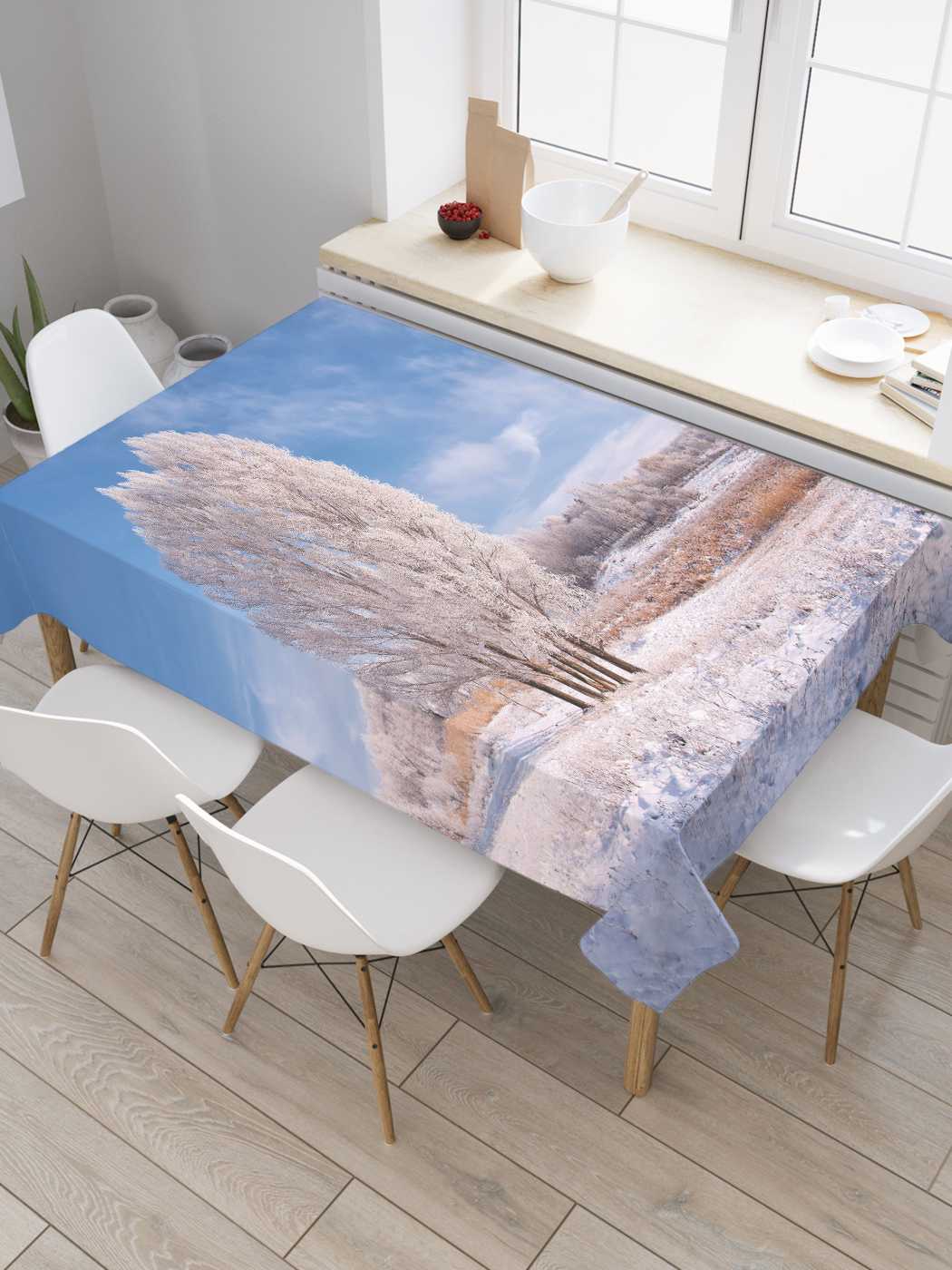 

Скатерть прямоугольная JoyArty "Деревья в инее" из сатена, 180x145 см, Серый, Деревья в инее