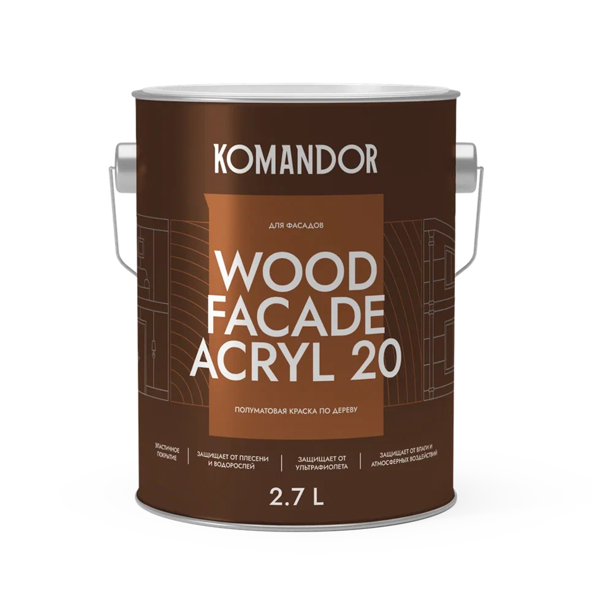 Краска для деревян. фасадов Komandor Wood Facade Acryl 20, полумат., база C, бесцвет., 2,7
