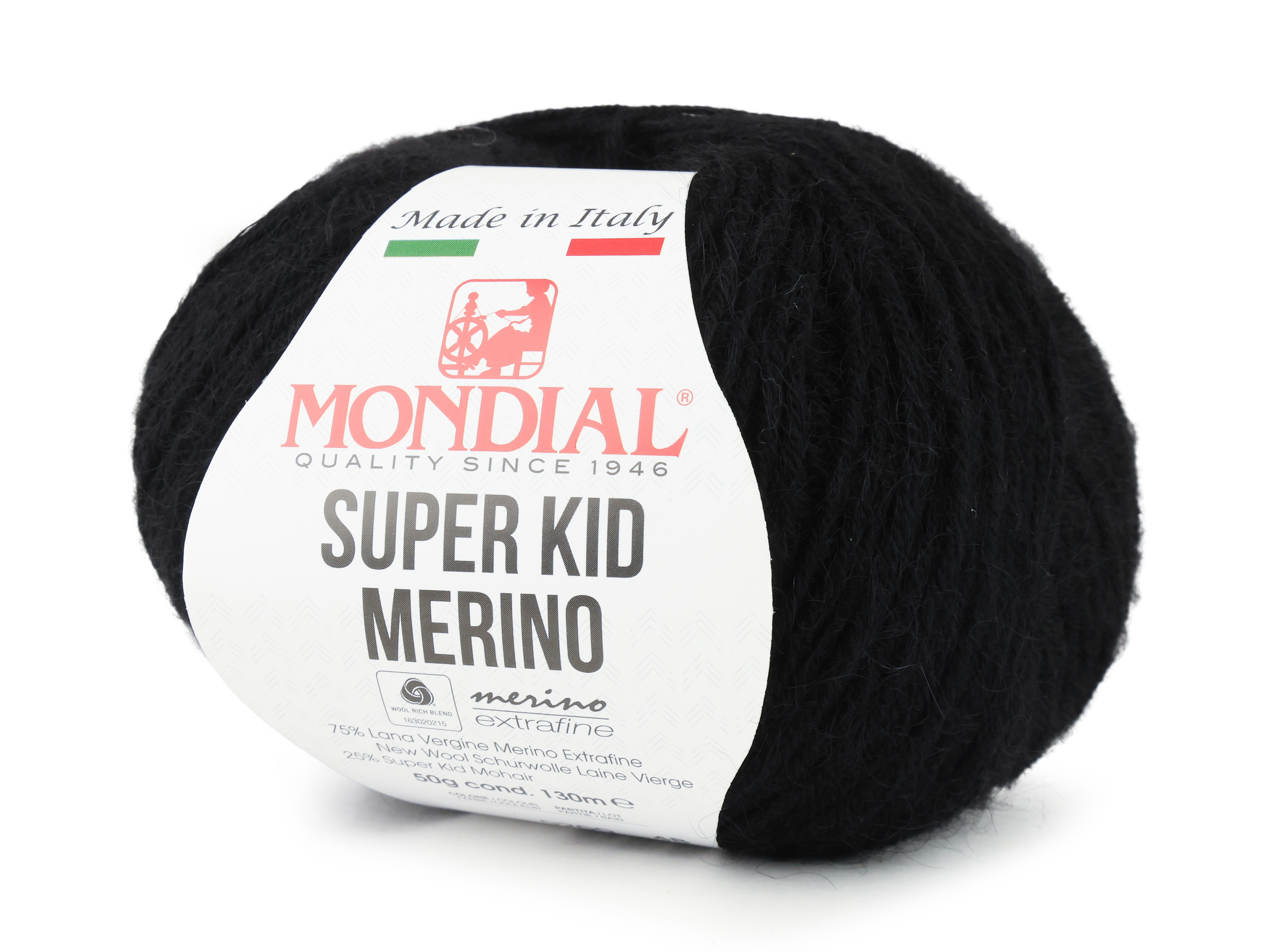 Пряжа для вязания Mondial Super kid merino цвет 200 Чёрный 50 гр 130 м 550₽