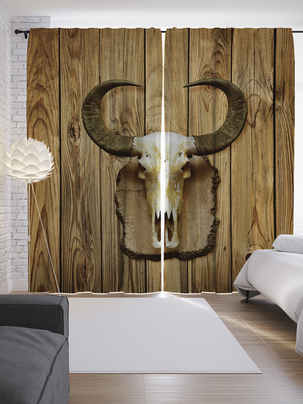 

Шторы JoyArty с фотопечатью "Череп буйвола на стене" из сатена, 290х265 см, Череп буйвола на стене