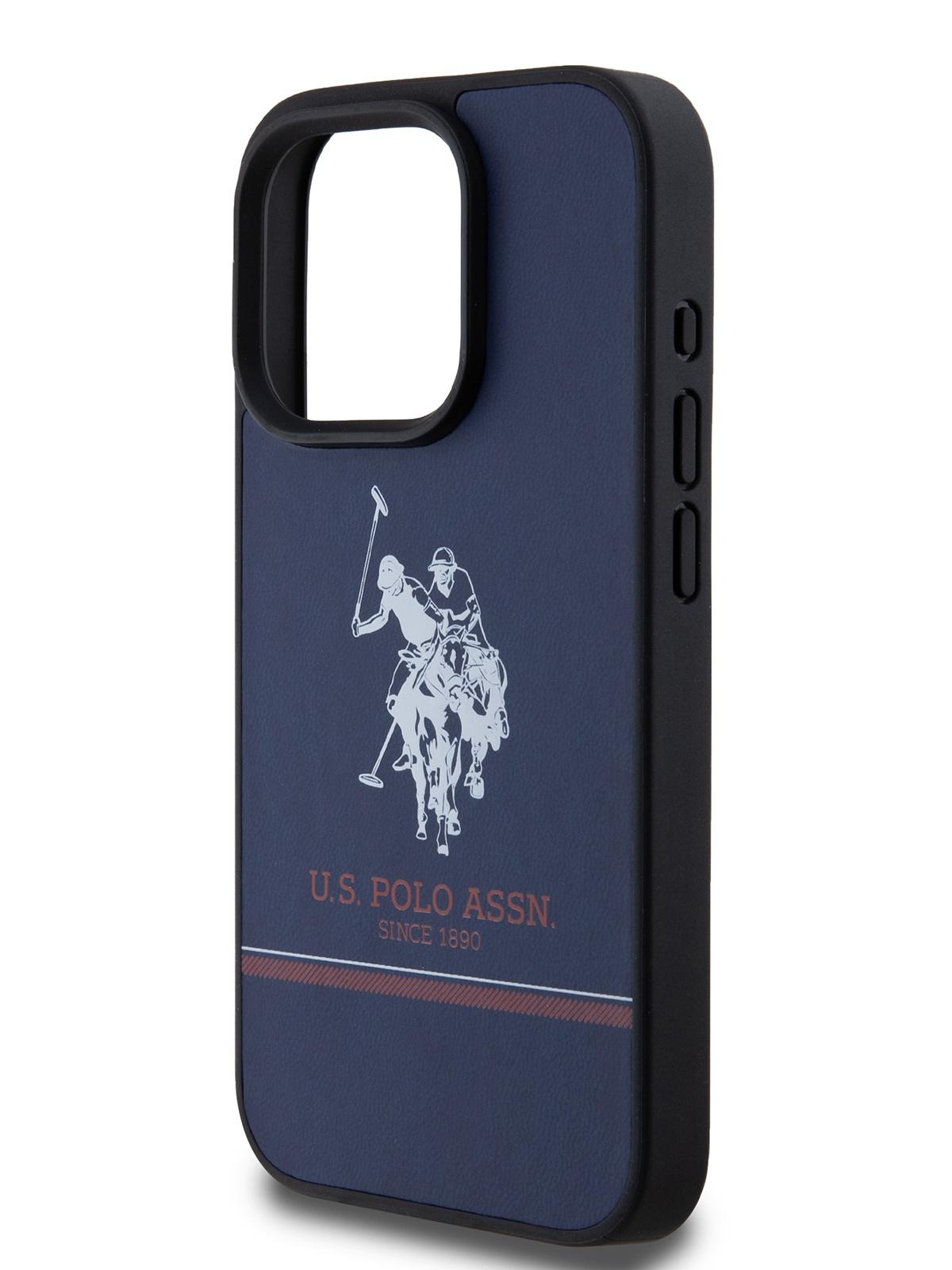 Чехол U.S. Polo для iPhone 15 Pro из экокожи Double horse logo Hard Navy