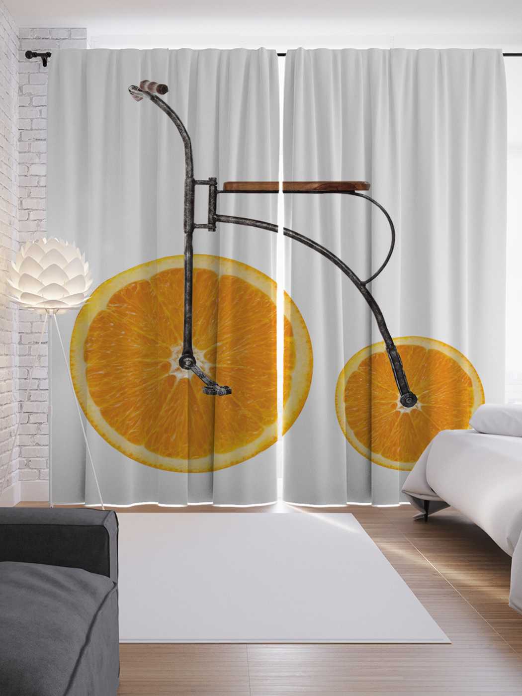фото Шторы joyarty с фотопечатью "апельсиновый велосипед" из сатена, 290х265 см