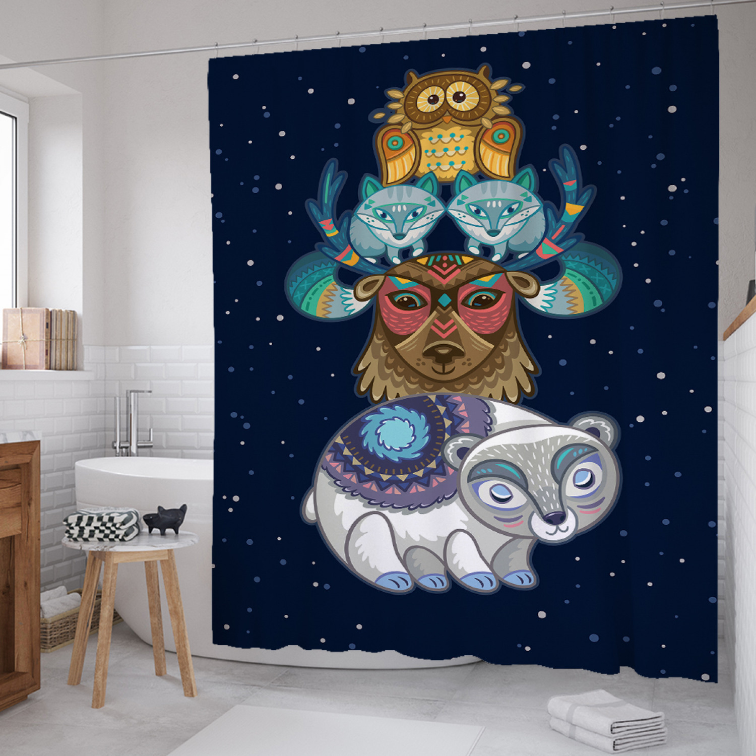 

Штора для ванной JoyArty "Северные друзья" из сатена, 180х200 см с крючками, Синий, Северные друзья