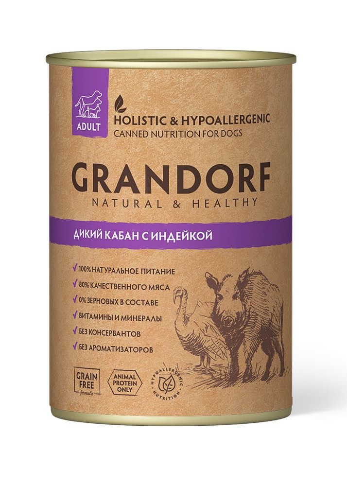 фото Влажный корм для собак grandorf sensitive formula , кабан, индейка, 12шт, 400г