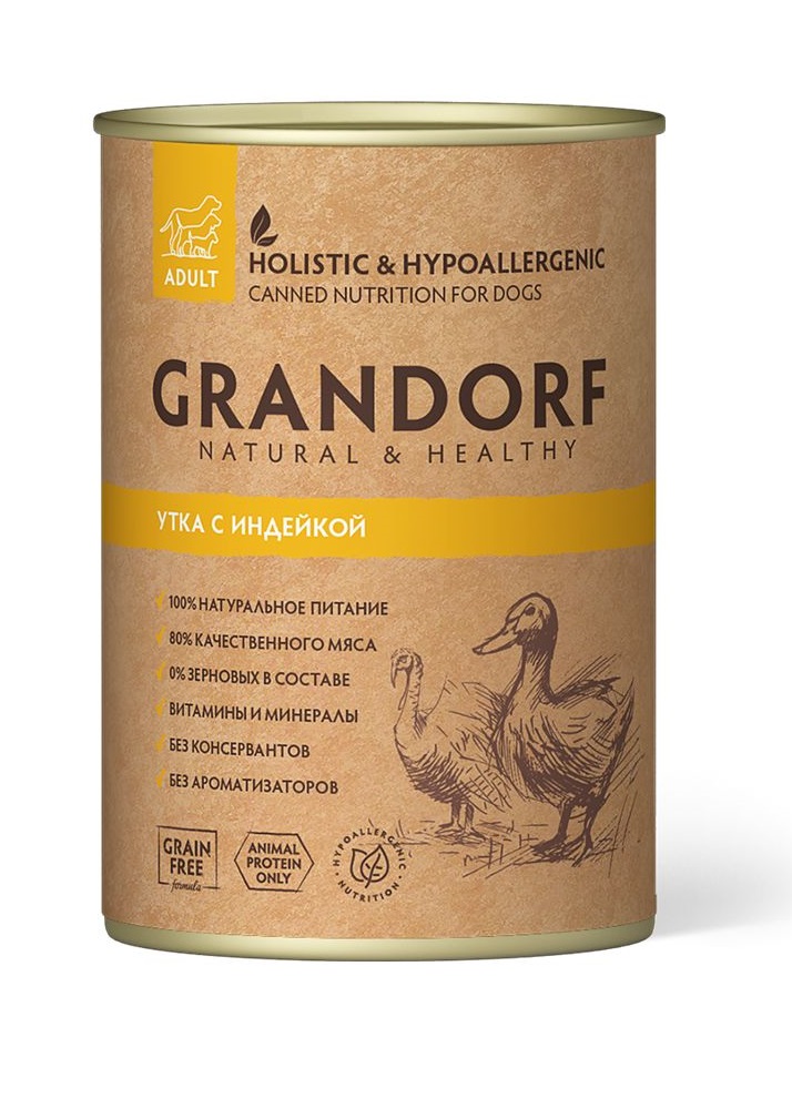 фото Влажный корм для собак grandorf sensitive formula , утка, индейка, 12шт, 400г