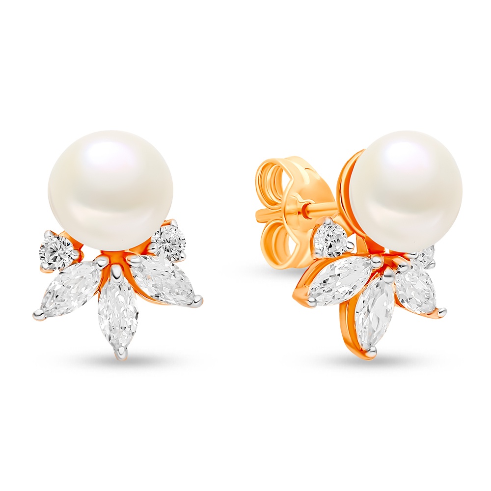 Серьги-пусеты из красного золота с жемчугом/фианитом 585Gold 202008001