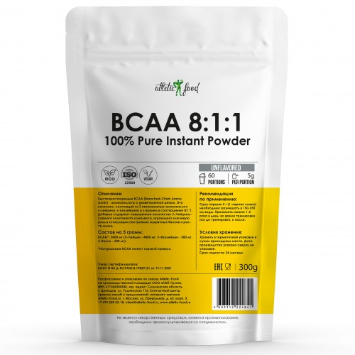 фото Аминокислоты бцаа atletic food 100% pure bcaa 8:1:1 instant - 300 г, натуральный