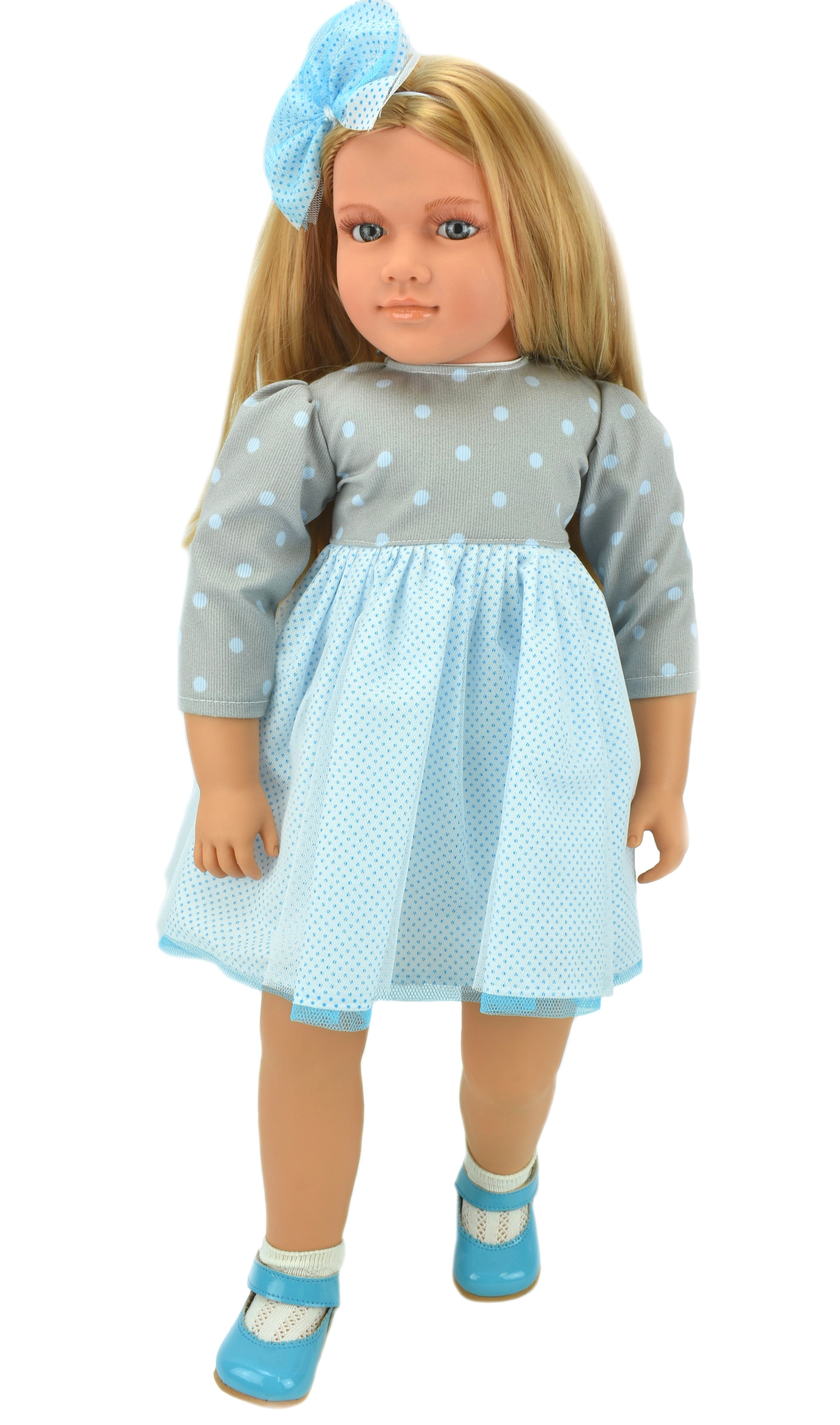 Коллекционная кукла Lamagik Ширли блондинка, в серо-белом платье в горох, 62 см, B9004 lamagik s l коллекционная кукла джеральдин в астом комбинезоне рыжая 62 см