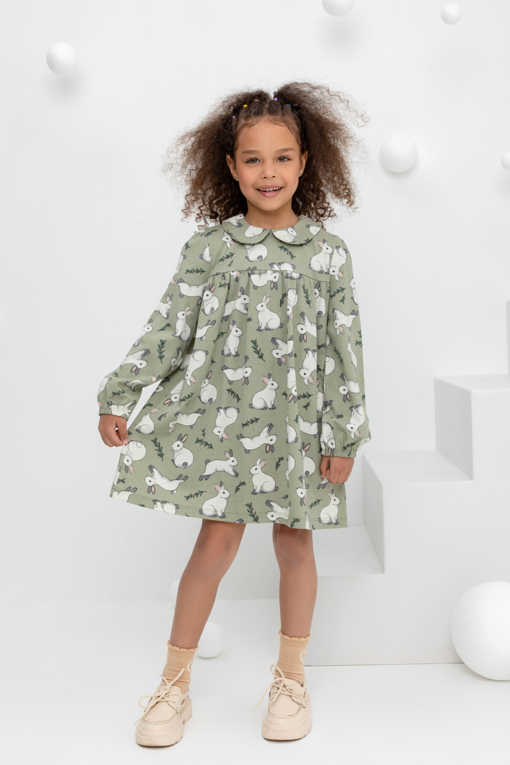 Платье детское CROCKID М 3636, оливковый хаки, нежные зайчики, 128