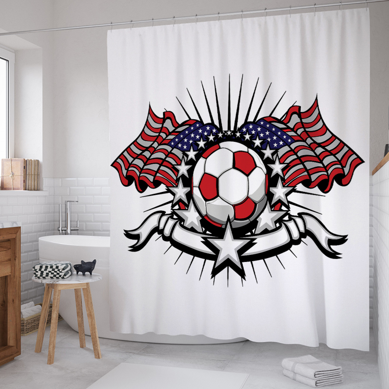 фото Штора (занавеска) для ванной joyarty "футбольный символ" из сатена, 180х200 см с крючками
