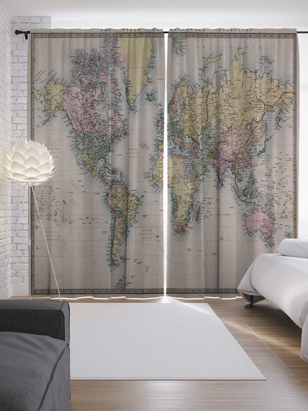 фото Шторы joyarty с фотопечатью "карта мира" из сатена, 290х265 см