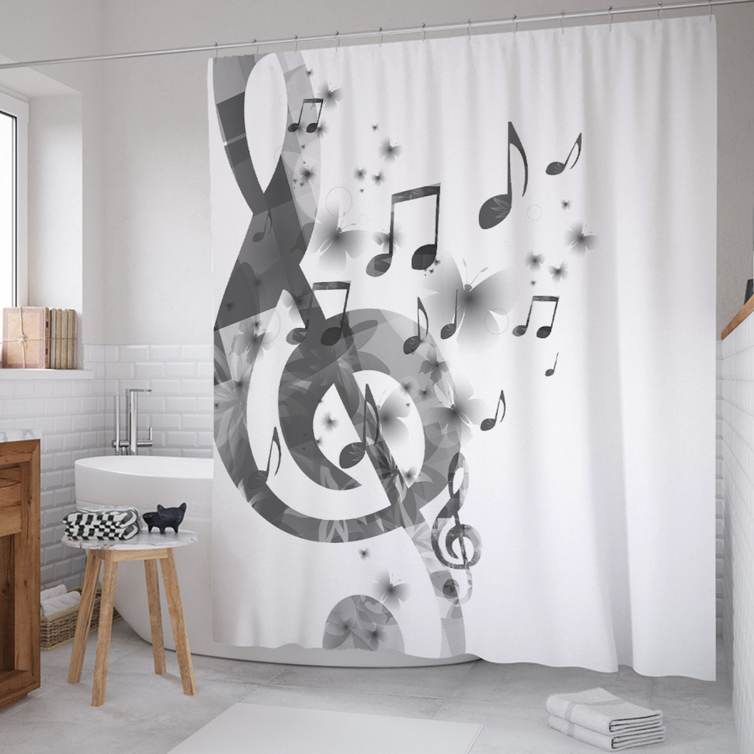 

Штора (занавеска) для ванной JoyArty "Музыкальные тени" из сатена, 180х200 см с крючками, Белый, Музыкальные тени