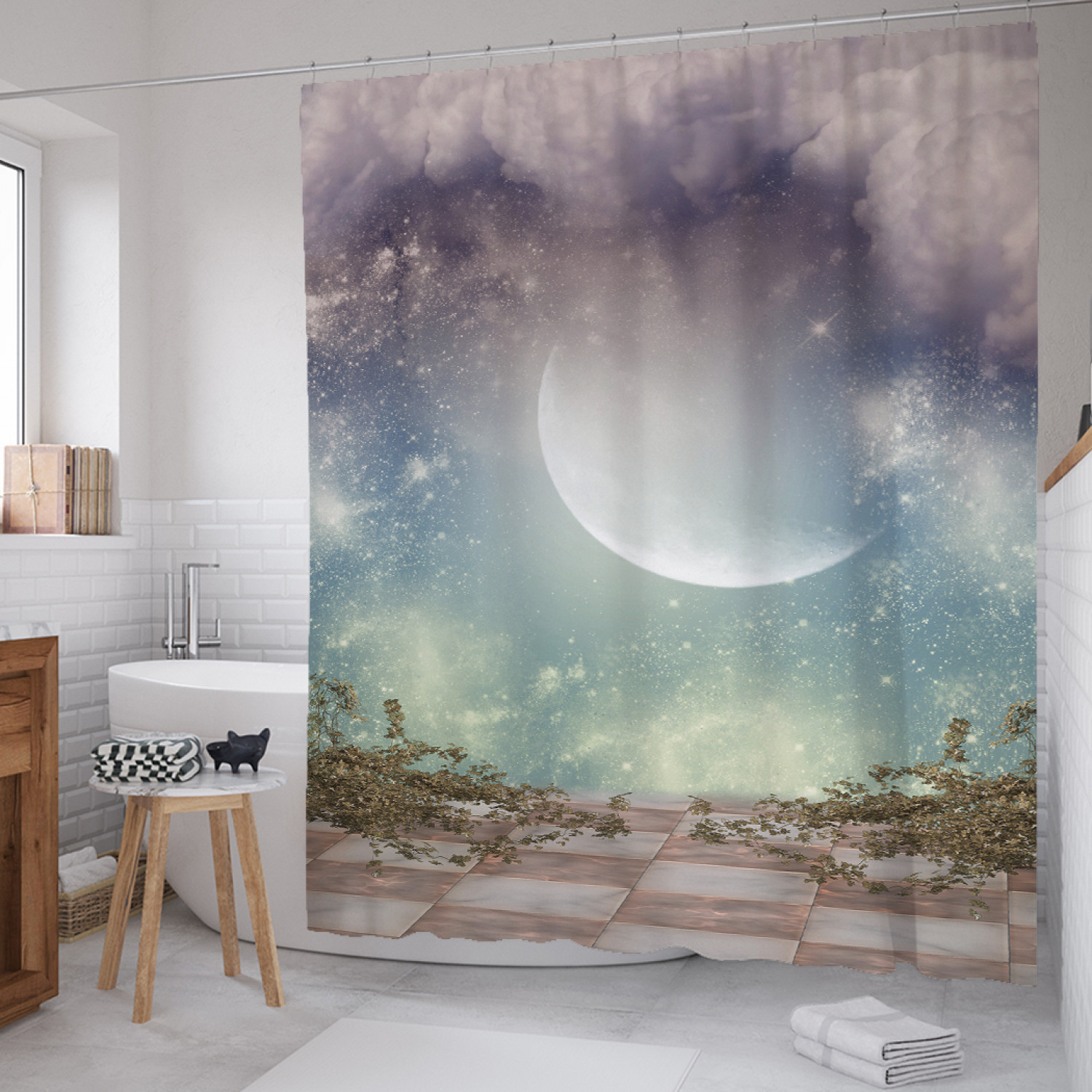 

Штора (занавеска) для ванной JoyArty "Лунный проход" из сатена, 180х200 см с крючками, Фиолетовый, Лунный проход