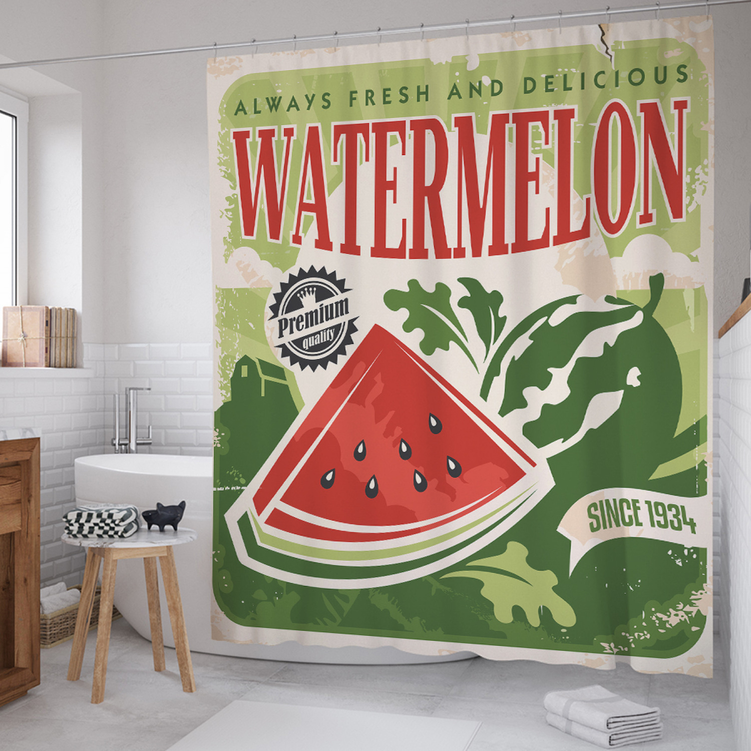 

Штора (занавеска) для ванной JoyArty "Арбузное счастье" из сатена, 180х200 см с крючками, Зеленый, Арбузное счастье